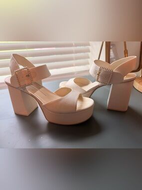 Dolce Vita Ivory Platform Block Heel Sandals with Pearl-Trim Buckle